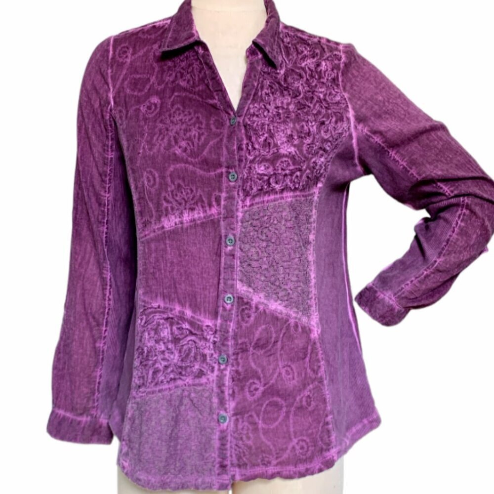 Greater Good Cotton Mixed‎ Media Button Down Shirt Sz S Purple BOHO Indie 96C